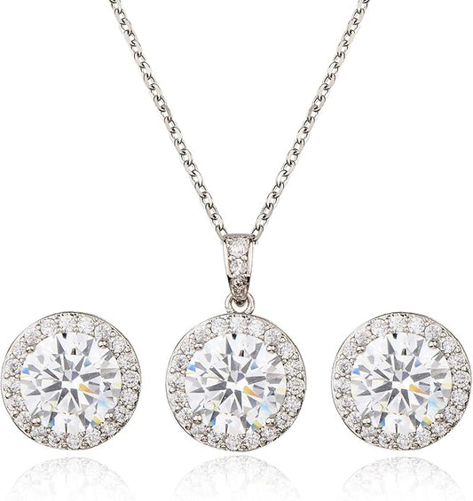 Bridal Crystal Jewelry Set - Sterling Silver Round Cubic Zirconia CZ Rhinestone Halo Birthstone Pendant Necklace Stud Earrings Set for Wedding Bride Bridesmaids Birthday Gift