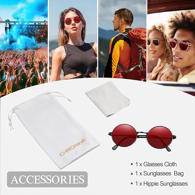 CHRORINE Hippie Sunglasses Round 70s Retro Glasses for Women Men Party Accessory Festival Fashion Vintage Sunglasses