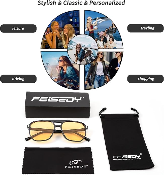 FEISEDY Retro Square Aviator Sunglasses Women Men 70s Vintage Trendy Plastic Frame Sun Glasses B2835