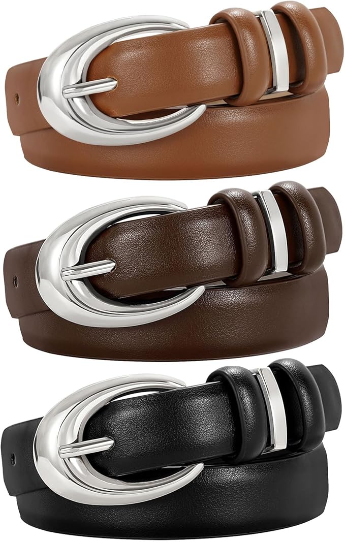 TRIWORKS 3 Pack Women Leather Belt for Jeans Pants Fashion Ladies Faux Leather Belt with Gold Buckle