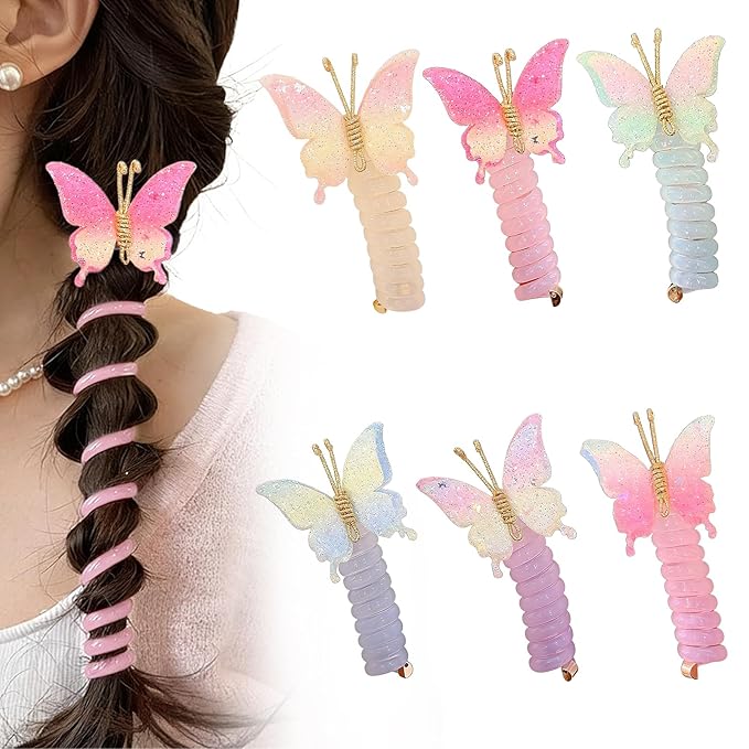 6PC Pearl Butterfly Telephone Wire Hair Ties – Spiral Elastic Bubble Ponytail Hair Bands for Women & Girls, No Damage, Soft & Stretchy Hair Accessories for High Ponytails and Braids (set-F)