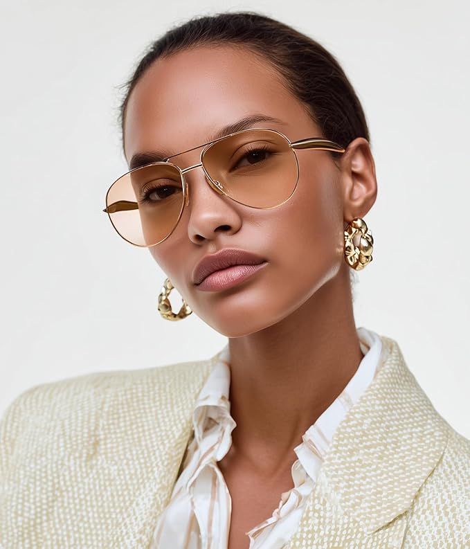 FEISEDY Oversized Aviator Sunglasses Women Men - Retro Gold Metal Chunky Frame, UV400 for Driving & Daily Wear B0311