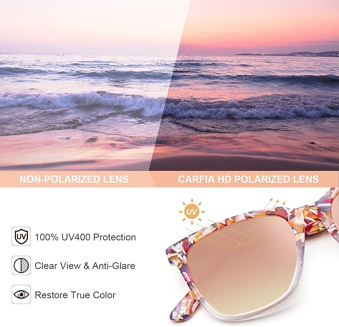CARFIA Polarized Sunglasses for Women: Acetate, Small/Medium Size, UV400 Anti Glare CA5354