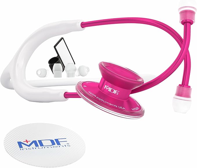 MDF Instruments, Acoustica Lightweight Stethoscope for Doctors, Nurses, Students, Home Health Use, Adult, Dual Head, White Tube, Pink Alloy Chestpiece-Headset, MDF747XPPA29