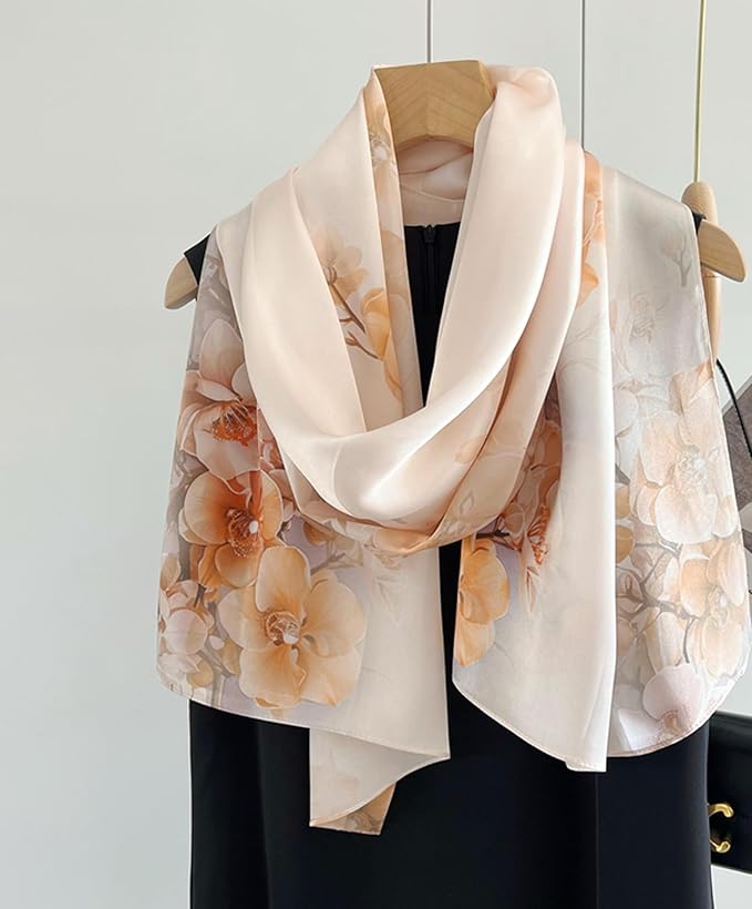 100% Mulberry Silk Scarfs for Women Floral Print Satin Long Scarf for Headscarf Hair Wraps Shawl with Gift Packed