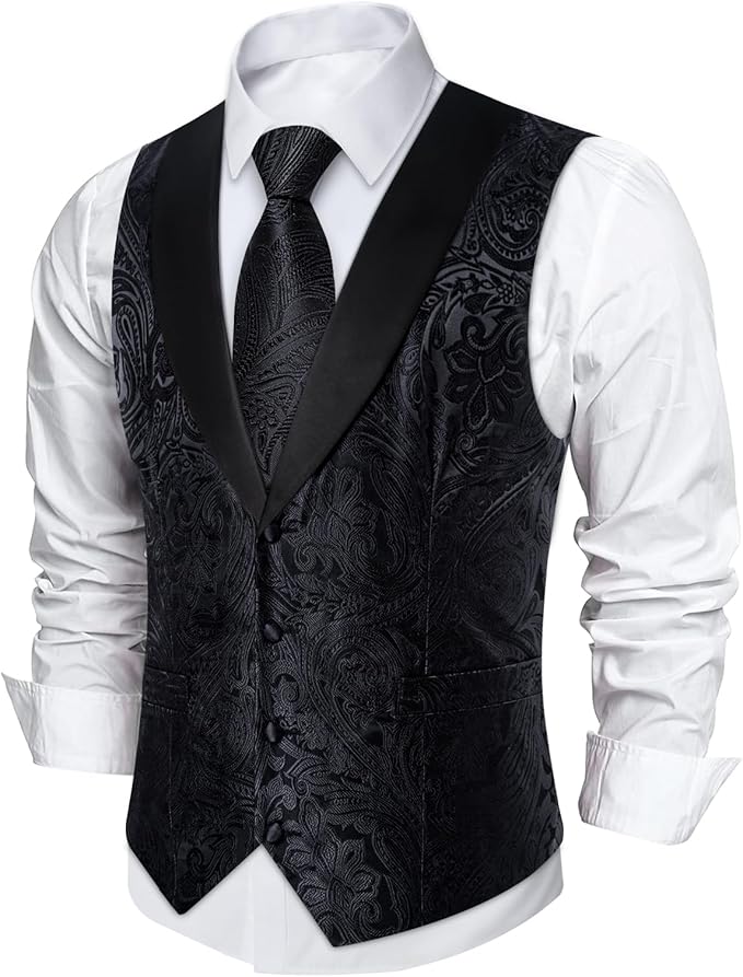DiBanGu Mens Paisley Suit Vest Silk Jacquard Waistcoat and Necktie Set Formal Shawl Collar Dress Vest 7PCS for Wedding Party