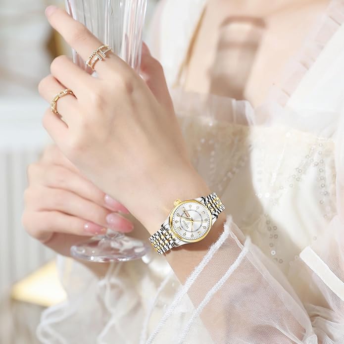 Womens Watch Fashion Dress Waterproof Silver Watches for Women Casual Easy Read Quartz Analog Women's Watch Two Tone Stainless Steel Ladies Watches with Day Date