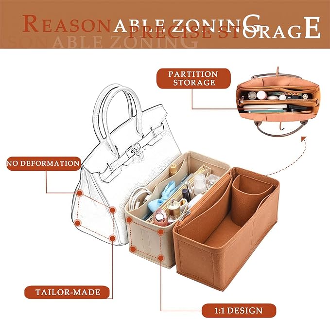 Purse Organizer Insert For Birkin 30 Bag, Felt Insert Organizer With Zipper, Large Capacity,Women’s Handbags Shaper (30,Orange)