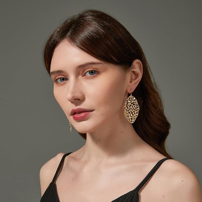 Large Gold Earrings for Women, Chunky Gold Statement Drop Dangle Earring Maple Leave Ginko Leaf Jewelry Gifts
