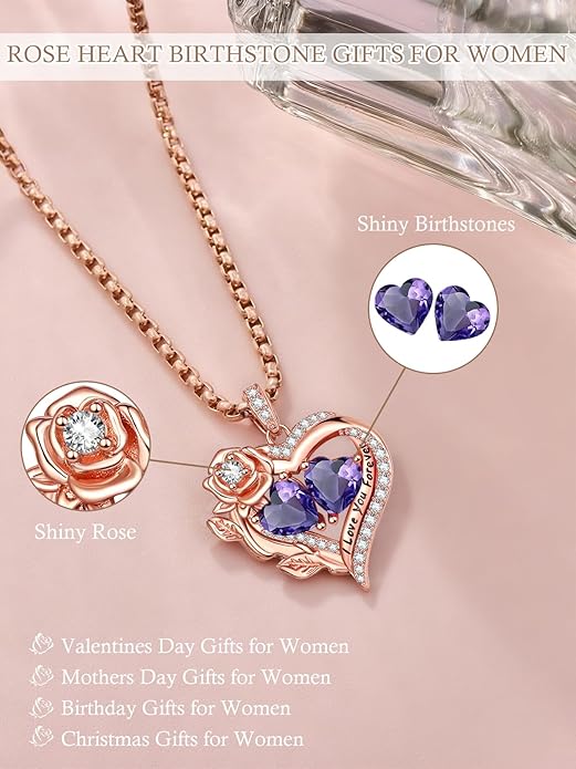 Rose Heart Necklaces for Women, Rose Gold Forever Love Jewelry with 2 Birthstones Pendant, Christmas Anniversarry Birthday Gifts for Her Wife Mom Grandma, 18+2 Inch Chain