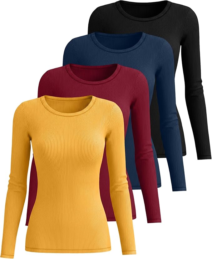 Neer 4 Pack Women's Ribbed Long Sleeve Shirts, Cotton Crew Neck Slim Fit Tops Stretch Knit Casual Base Layer Basic Tee Shirts