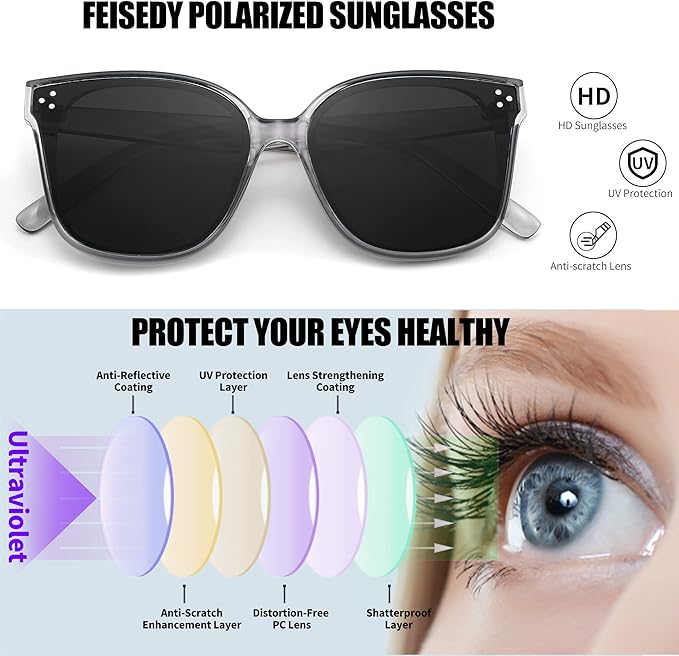FEISEDY Oversized Polarized Sunglasses - UV400 Protection, Square Fashion Sun Glasses for Outdoor & Daily B2600