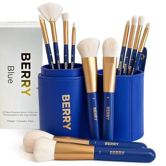 BERRY Blue Premium Makeup Brush Set – 12-Piece Professional Ultra-Soft Synthetic Brushes for Face & Eyes | Foundation, Powder, Blush, Concealer, Eyeshadow – Vegan, Cruelty-Free, Numbered, Travel Case