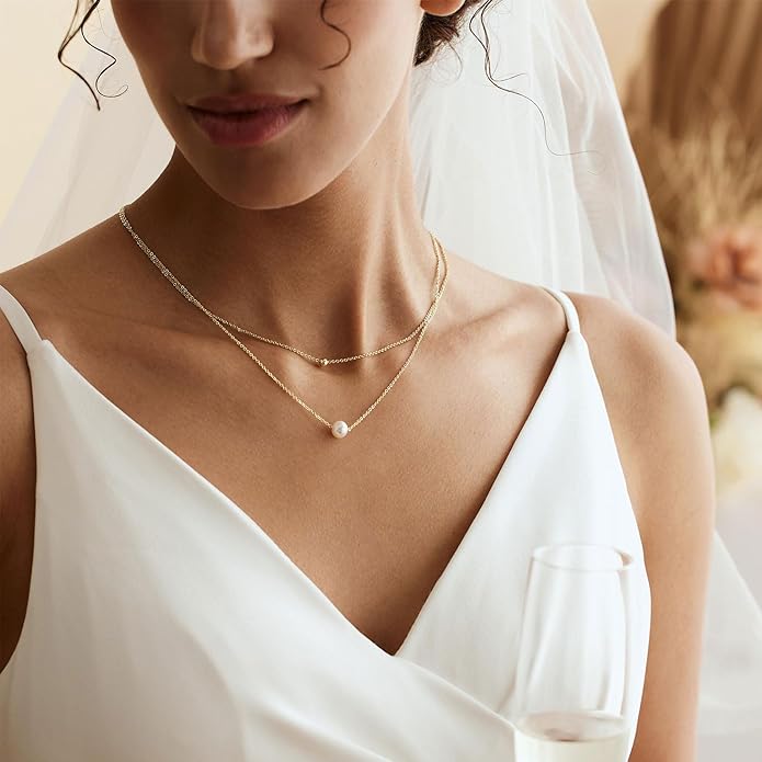 Valentines Day Gifts for Her - 14K Gold Plated Pearl Necklaces for Women Trendy Dainty Necklace Simple Layered Pearl Necklaces for Women Trendy Wedding Birthday Valentines Jewelry