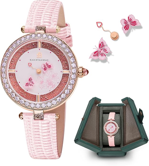 Women's Watch Butterfly Watches for Women Moving Butterflys Hands with Genuine Leather Strap Bee Watches for Women BLACK BY BLUE BRAVE Butterfly Lovers, Sapphire Crystal Glass combining Cubic Zirconia Stones and 3.5mm Synthetic Crystal Women's Wrist Watch