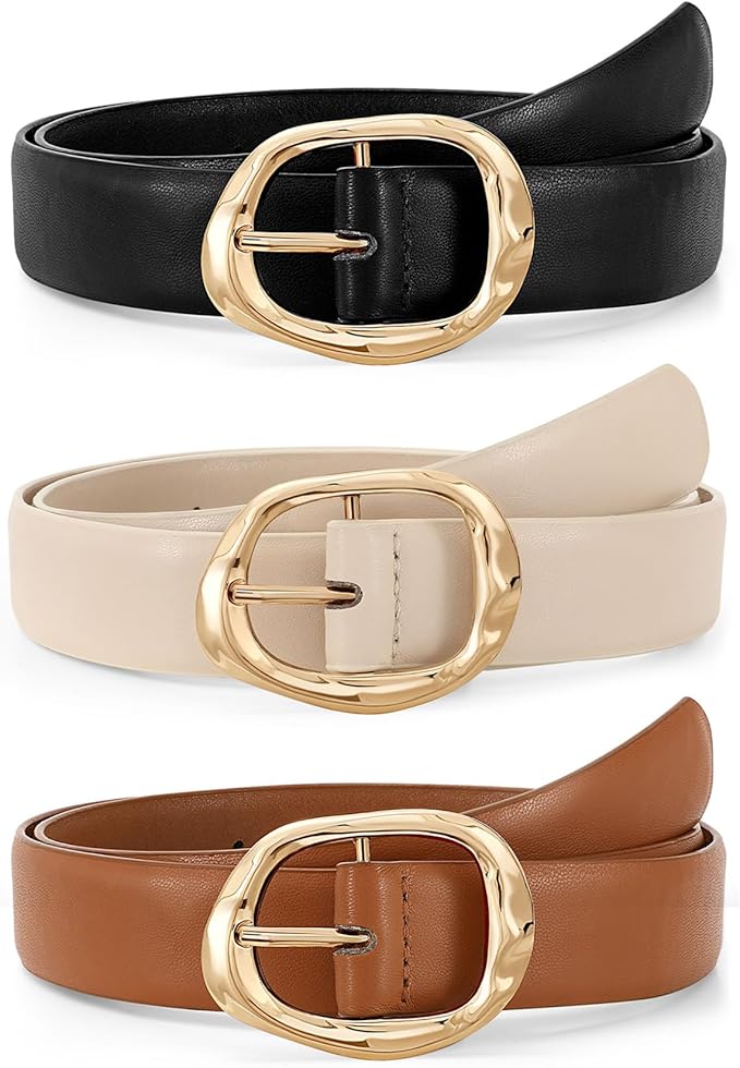 JASGOOD 3 Pack Women Belts for Jeans Pants Ladies Leather Waist Belt Casual Fashion Trend Belt for Women with Gold Buckle