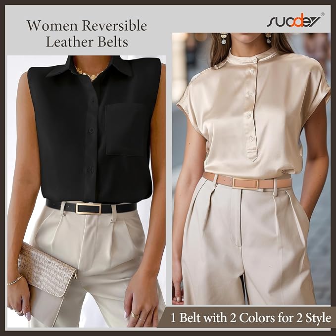 SUOSDEY Women Reversible Leather Belts for Jeans Pants Dresses Ladies Fashion Belts with Gold Buckle, 0.9" Width
