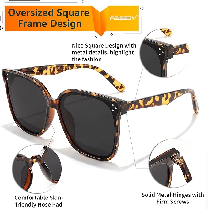FEISEDY Oversized Polarized Sunglasses - UV400 Protection, Square Fashion Sun Glasses for Outdoor & Daily B2600