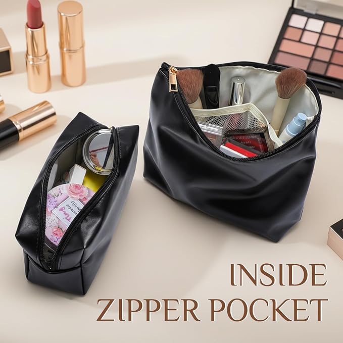 Kigeli 2 Pcs PU Leather Makeup Bag Set for Women Aesthetic Cosmetic Bag Small Toiletry Travel Pouch for Purse Emergency Skincare Organizer Valentine Gifts for Bridesmaid Birthday(Black)