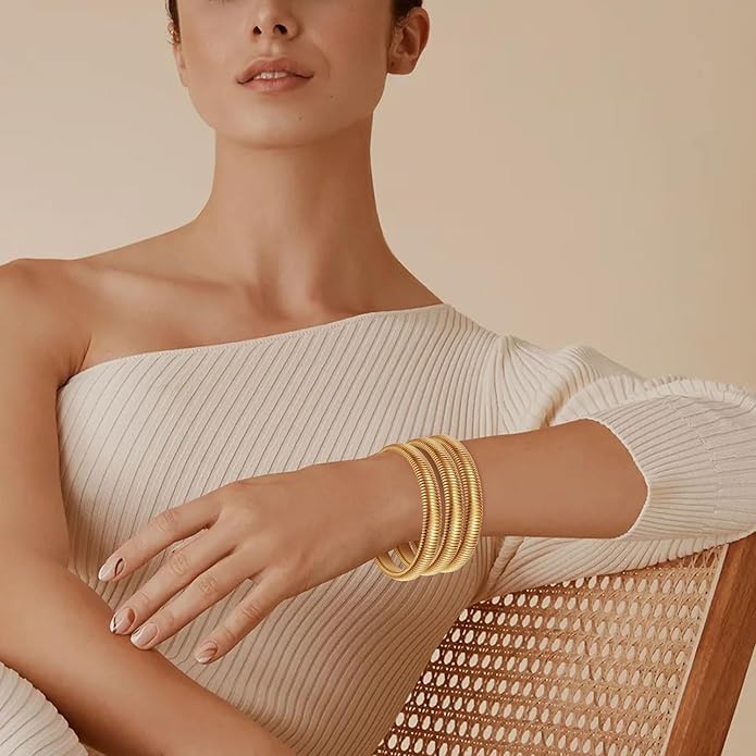 MISS RIGHT Gold Chunky Stretch Snake Chain Bangle Bracelets Stack for Women Trendy, 18K Gold Filled Stainless Steel Stretchy Womens Stackable Wristband Bangles Bracelet Set