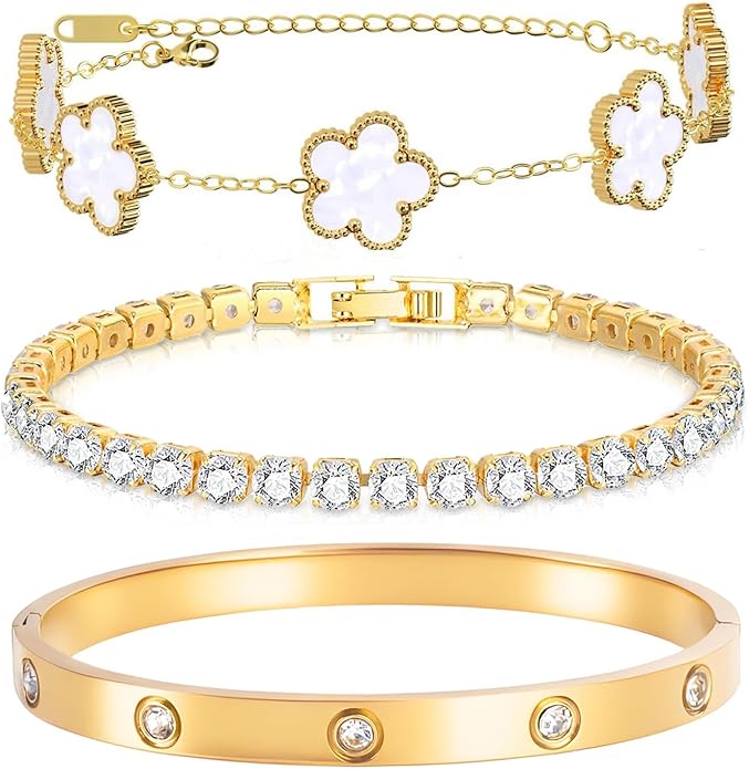 Gold Bracelets for Women-4Pcs/3Pcs,18K Gold Plated Bangle Tennis Bracelets Stack Set for Women Trendy Non Tarnish Stainless Steel Gold Bangles Accessories Designer Jewelry