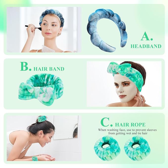 Tie Dye Spa Headband, 4 Pcs - Soft & Stretchy Headbands for Women for Washing Face, Bubble Skin Care, Makeup, Head Band for Face Wash, Shower Hair Accessories, Teen Girl Gifts Trendy Stuff