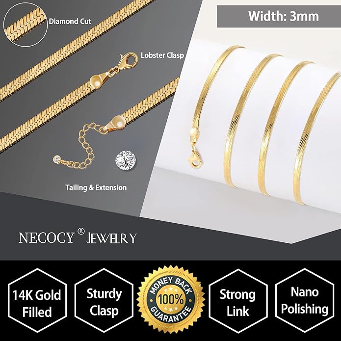 NECOCY 14K Gold Plated Necklaces for Women, Dainty Gold Herringbone Choker Necklace Thin Layered Snake Chain Jewelry for Gifts