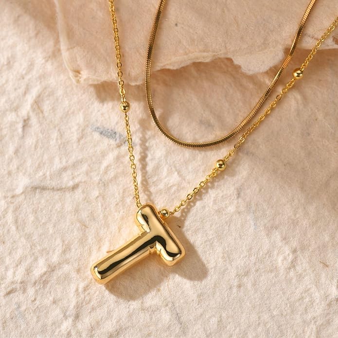 LUCA SMITH Initial Necklaces for Women, Dainty Balloon Bubble Letter, Name Letter Alphabet Pendant Layered Choker Chain Jewelry Gift