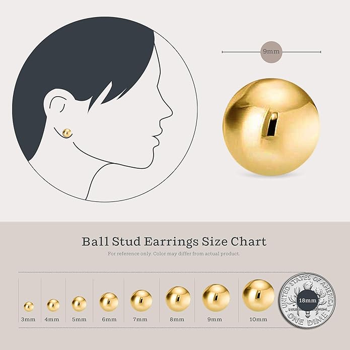Kezef 14K Gold Filled Ball Stud Earrings for Women - Thick 14K Gold Layer, Hypoallergenic for Sensitive Ears, Round Studs | 3mm-9mm