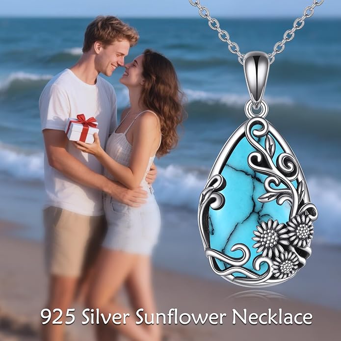 YFN Black Obsidian/Moonstone/Turquoise/Moss Agate Sunflower Filigree Teardrop Pendant Necklace Jewelry for Women - 925 Sterling Silver