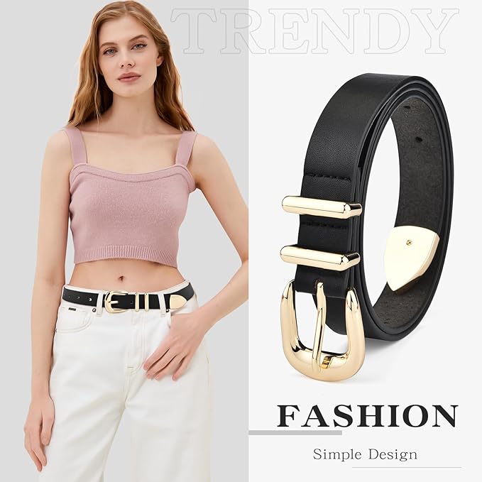 Reversible 1.3" Leather Belt for Women - Vintage Silver Buckle Fashion Belt for Jeans and Dresses