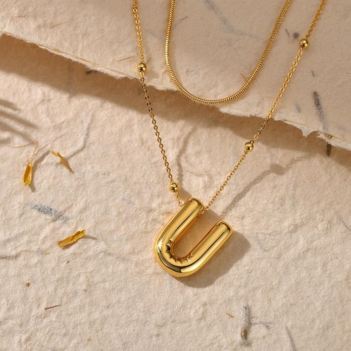 LUCA SMITH Initial Necklaces for Women, Dainty Balloon Bubble Letter, Name Letter Alphabet Pendant Layered Choker Chain Jewelry Gift