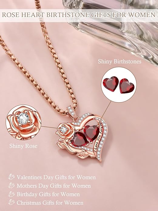 Rose Heart Necklaces for Women, Rose Gold Forever Love Jewelry with 2 Birthstones Pendant, Christmas Anniversarry Birthday Gifts for Her Wife Mom Grandma, 18+2 Inch Chain