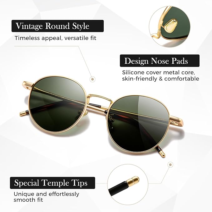 SUNGAIT Ponderable Metal Round Sunglasses for Men Women Classic Vintage Polarized Circle Sun Glasses