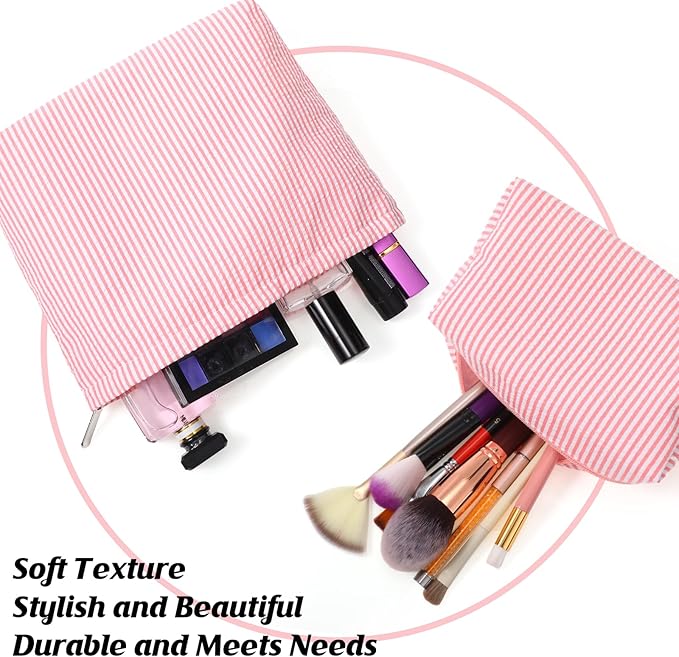 2 Pieces Makeup Bag Set Cute Cosmetic Pouch for Women Seersucker Travel Toiletry Bag Preppy Small Makeup Purse Pouch Aesthetic Skincare Brushes Storage Organizer for Christmas Women(Rose Pink)