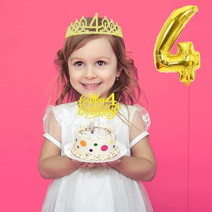 4th Birthday Decorations for Her Girls Set, Include 4th Birthday Crown and 4 Sash, 4th Birthday Cake Topper and 4 Birthday Candles, Gold 4 Balloons, Women 4th Party Supplies(Gold)