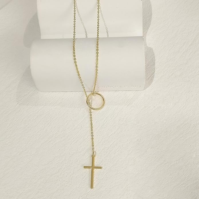 Luxval Lariat Gold Necklace for Women, Dainty Long Necklace 14k Gold Plated/Silver Y-Shaped Pendant Necklaces Trendy Beaded Chain Drop Necklaces Jewelry for Women Gifts