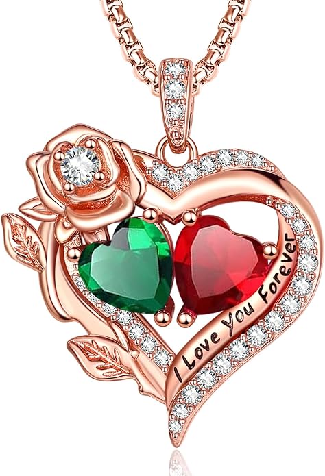 Rose Heart Necklaces for Women, Rose Gold Forever Love Jewelry with 2 Birthstones Pendant, Christmas Anniversarry Birthday Gifts for Her Wife Mom Grandma, 18+2 Inch Chain