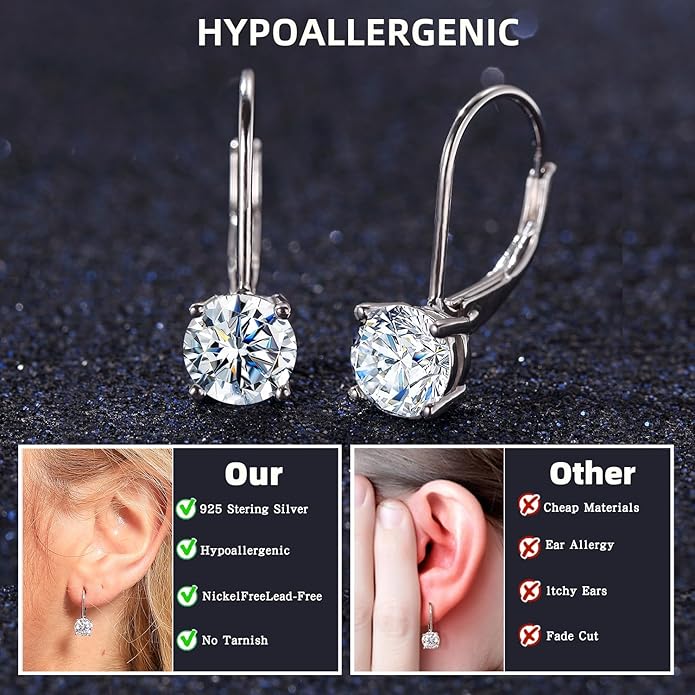 Moissanite Earrings for Women 2.0CT D Color,18K White Gold Plated Sterling Silver Dangle Earrings, Leverback Drop Earrings Jewelry for Gifts