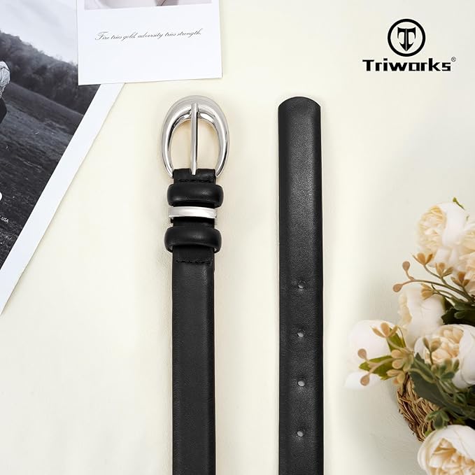 TRIWORKS Women Leather Belt for Jeans Pants Fashion Ladies Skinny Faux Leather Dress belt with Gold Buckle