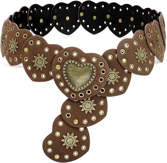Wide Disc Belt for Women Vintage Hollow Boho Leather Belt Western Chunky Waist Belt Cowboy Metal Buckle Concho Belts