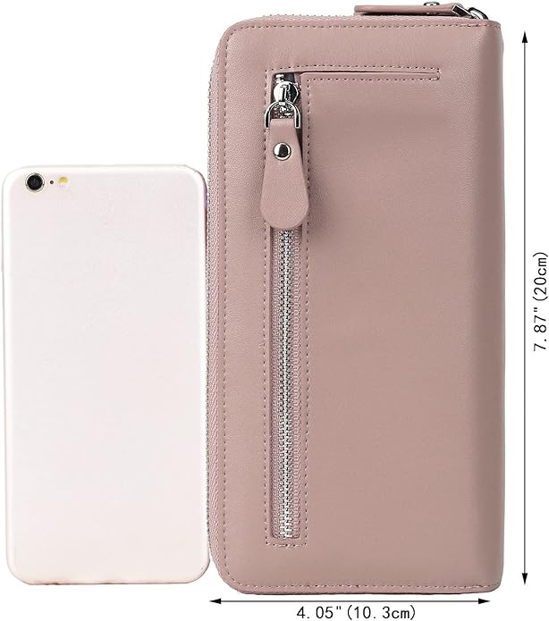 YALUXE Real Leather Zip Around Wallet RFID Blocking Wristlet Handbag Purse Clutch with Double Zipper Pockets