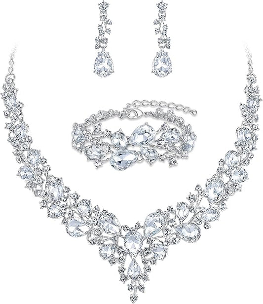 BriLove Wedding Bridal Jewelery for Women Austrian Crystal Teardrop Cluster Statement Necklace Dangle Earrings Link Bracelet Set