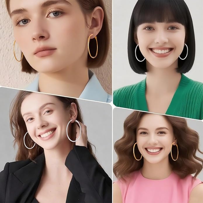 4/5/6 Pairs Stainless Steel 30/40/50/60/70 mm Silver 14K Gold Hoop Earrings for Women Hypoallergenic Big Thin Lightweight Dangle Set