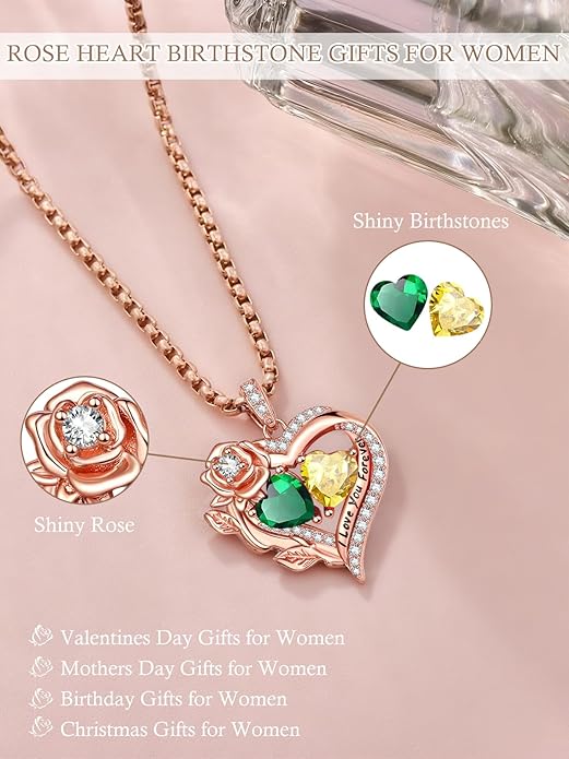 Rose Heart Necklaces for Women, Rose Gold Forever Love Jewelry with 2 Birthstones Pendant, Christmas Anniversarry Birthday Gifts for Her Wife Mom Grandma, 18+2 Inch Chain