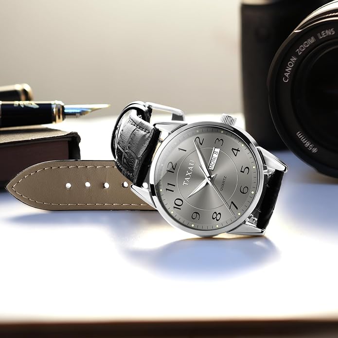 Men's Watch Big Face Easy Read Arabic Numeral Dress Watches for Men Classic Black Brown Leather Band Analog Mens Wrist Watch with Day and Date Fashion Business Waterproof Luminous Quartz Watch