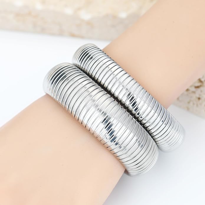 MISS RIGHT Gold Chunky Stretch Snake Chain Bangle Bracelets Stack for Women Trendy, 18K Gold Filled Stainless Steel Stretchy Womens Stackable Wristband Bangles Bracelet Set
