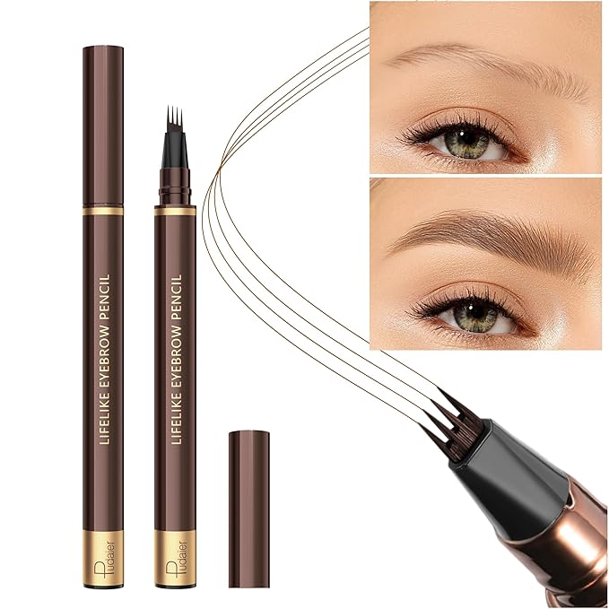 2 Pack 4-Tip Microblading Eyebrow Pen with 2 Brow Brushes, Waterproof Vegan Formula Eyebrow Pencils for Women to Effortlessly Create Natural Hair-Like Strokes, All-Day Wear (Natural Brown)