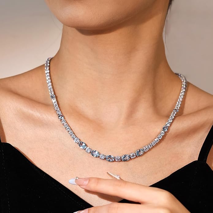 FANCIME Sterling Silver Tennis Necklace 4mm 18 inch Birthstone Necklace with 6 * 8mm Oval Gemstone Luxury Fine Birthday Jewelry Gifts for Women