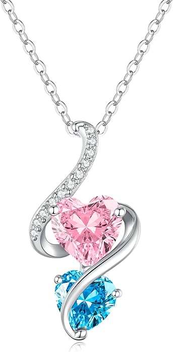 LOUISA SECRET Unique Double Heart Necklace Gifts for Wife Women, 925 Sterling Silver Tiny Birthstone Pendant Jewelry Gift for Her Girlfriend Mom Valentine's Day Anniversary Mother's Day Birthdays & Christmas